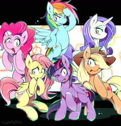Size: 1600x1670 | Tagged: safe, artist:tyuubatu, character:applejack, character:fluttershy, character:pinkie pie, character:rainbow dash, character:rarity, character:twilight sparkle, character:twilight sparkle (alicorn), species:alicorn, species:earth pony, species:pegasus, species:pony, species:unicorn, clothing, cowboy hat, female, hat, mane six, mare, one eye closed, one hoof raised, wink