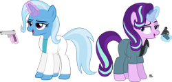 Size: 2870x1381 | Tagged: safe, artist:anime-equestria, character:starlight glimmer, character:trixie, species:pony, species:unicorn, .38 special, 80s, clothing, colt detective special, detective, duo, gun, handgun, happy, jacket, m1911, magic, miami vice, revolver, shirt, simple background, suit, telekinesis, transparent background, vector, weapon