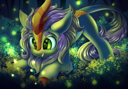 Size: 4225x2932 | Tagged: safe, artist:ask-colorsound, oc, oc only, oc:searing cold, species:kirin, cute, firefly, happy, insect, nature, night, solo, tree