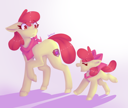 Size: 2600x2200 | Tagged: safe, artist:synnibear03, character:apple bloom, species:pony, blank flank, duality, eyes closed, female, filly, older, older apple bloom, one hoof raised, open mouth, ponidox, self ponidox, time paradox
