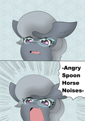 Size: 540x773 | Tagged: safe, artist:miss-jessiie, character:silver spoon, species:earth pony, species:pony, angry, angry dog noises, descriptive noise, female, glasses, horse noises, solo