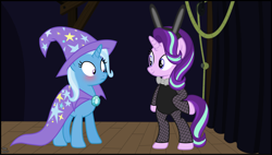 Size: 4314x2451 | Tagged: safe, artist:anime-equestria, character:starlight glimmer, character:trixie, species:pony, species:unicorn, ship:startrix, backstage, bipedal, blushing, bow tie, bunny ears, bunny suit, cape, clothing, curtains, cute, diatrixes, duo, female, fishnets, glimmerbetes, hat, hoof on hip, lesbian, outfit, playboy bunny, rope, shipping, smiling, stage, standing up, trixie's cape, trixie's hat, vector, wood, wooden floor