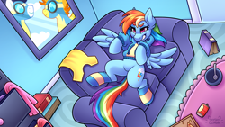 Size: 2560x1440 | Tagged: safe, artist:shyshyoctavia, character:rainbow dash, character:soarin', character:spitfire, species:pegasus, species:pony, book, clothing, commission, couch, ear fluff, featureless crotch, food, hoodie, meat, pepperoni, pepperoni pizza, pizza, shirt, socks, soda, soda can, solo focus
