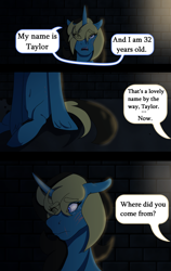 Size: 1688x2666 | Tagged: safe, artist:moonaknight13, character:princess celestia, oc, oc:taylor queen, species:alicorn, species:pony, comic:the magic within, comic, comic series, dungeon, scar, text, text bubbles