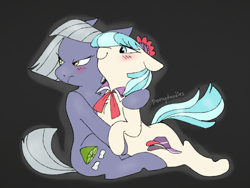 Size: 2048x1536 | Tagged: safe, artist:incendiaryboobs, character:coco pommel, character:limestone pie, species:earth pony, species:pony, blushing, crack shipping, cutie mark, female, lesbian, limetsun pie, shipping, snuggling, tsundere
