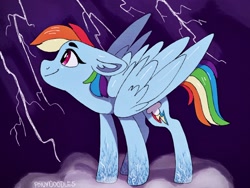 Size: 2048x1536 | Tagged: safe, artist:incendiaryboobs, character:rainbow dash, species:pegasus, species:pony, cutie mark, female, floppy ears, lightning, smiling, solo, standing on a cloud