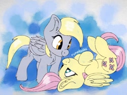 Size: 1024x768 | Tagged: safe, artist:incendiaryboobs, character:derpy hooves, character:fluttershy, species:pegasus, species:pony, ship:derpyshy, abstract background, cute, cutie mark, derpabetes, ear fluff, female, folded wings, hooves to the chest, lesbian, looking at each other, on back, shipping, shyabetes, smiling, wings