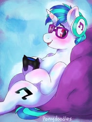 Size: 768x1024 | Tagged: safe, artist:incendiaryboobs, character:dj pon-3, character:vinyl scratch, species:pony, species:unicorn, beanbag chair, blushing, chest fluff, controller, cute, cutie mark, dualshock controller, female, gamer nerd, glasses, headphones, looking at you, mare, open mouth, smiling, solo, vinylbetes