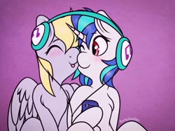 Size: 1024x768 | Tagged: safe, artist:incendiaryboobs, character:derpy hooves, character:dj pon-3, character:vinyl scratch, species:pegasus, species:pony, blushing, chest fluff, derpyscratch, eyes closed, female, headphones, lesbian, shipping, sitting, smiling