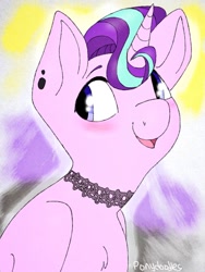 Size: 768x1024 | Tagged: safe, artist:incendiaryboobs, character:starlight glimmer, species:pony, species:unicorn, chest fluff, choker, female, gender headcanon, happy, looking away, nonbinary, nonbinary pride flag, open mouth, pride, smiling, solo