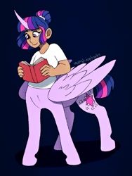 Size: 1536x2047 | Tagged: safe, artist:incendiaryboobs, character:twilight sparkle, character:twilight sparkle (alicorn), species:alicorn, species:centaur, species:pony, book, cutie mark, female, folded wings, reading, smiling, solo, wings