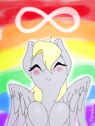 Size: 768x1024 | Tagged: safe, artist:incendiaryboobs, character:derpy hooves, species:pegasus, species:pony, autism, autism pride, blushing, female, gay pride flag, infinity, mare, pride flag, rainbow background, smiling, solo