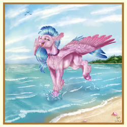 Size: 4000x4000 | Tagged: safe, artist:gaelledragons, artist:ilynalta, character:silverstream, species:bird, species:classical hippogriff, species:hippogriff, absurd resolution, beach, collaboration, cute, diastreamies, eyes closed, female, happy, ocean, open mouth, sand, signature, solo