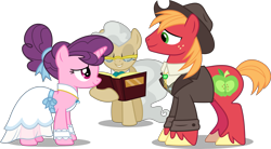 Size: 12000x6610 | Tagged: safe, artist:chrzanek97, character:big mcintosh, character:mayor mare, character:sugar belle, species:earth pony, species:pony, episode:the big mac question, g4, my little pony: friendship is magic, .svg available, absurd resolution, book, clothing, dress, eyes closed, female, male, mare, simple background, stallion, transparent background, vector, wedding dress, wrong aspect ratio