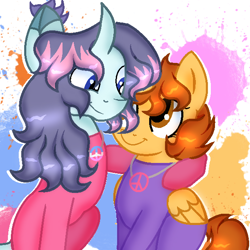 Size: 600x600 | Tagged: safe, artist:doraeartdreams-aspy, oc, oc:aspen, oc:fluffybriefs, species:alicorn, species:pony, alicorn oc, bodysuit, brother and sister, catsuit, cute, female, hippie, hug, jewelry, latex, latex suit, male, necklace, peace suit, peace symbol, peaceful, rubber suit, siblings