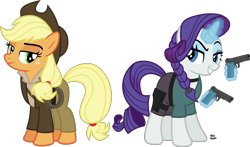 Size: 2510x1479 | Tagged: safe, artist:anime-equestria, character:applejack, character:rarity, species:earth pony, species:pony, species:unicorn, ship:rarijack, alternate hairstyle, applejack's hat, braid, braided ponytail, clothing, costume, cowboy hat, dual wield, duo, eyeshadow, female, gun, handgun, hat, holster, indiana jones, jacket, lara croft, lesbian, looking at each other, magic, makeup, pistol, shipping, shirt, simple background, smiling, telekinesis, tomb raider, transparent background, vector, vest, weapon, whip