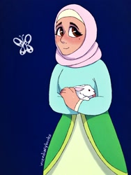 Size: 1536x2047 | Tagged: safe, artist:incendiaryboobs, character:fluttershy, species:human, species:rabbit, animal, blue background, blushing, brown eyes, clothing, female, hijab, humanized, islam, islamashy, looking at you, male, religion, simple background, solo, wrong eye color