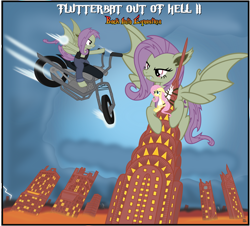 Size: 4324x3914 | Tagged: safe, artist:anime-equestria, character:flutterbat, character:fluttershy, species:bat pony, species:pegasus, species:pony, album cover, angel, bat out of hell, bat out of hell 2, bat ponified, bat wings, chrysler building, cloud, cloudy, crossover, fangs, female, fire, giant bat, lighting, lightning, mare, meat loaf, motorcycle, parody, race swap, skyscraper, vector, wings