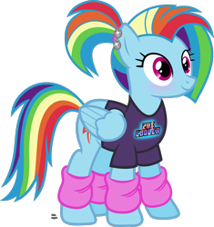 Size: 1354x1442 | Tagged: safe, artist:anime-equestria, character:rainbow dash, species:pegasus, species:pony, 20% cooler, 80s, alternate hairstyle, backwards cutie mark, blushing, clothing, cute, dashabetes, ear piercing, female, leg warmers, mare, piercing, ponytail, shirt, simple background, smiling, solo, t-shirt, transparent background, vector, workout outfit