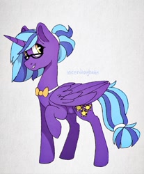 Size: 1527x1843 | Tagged: safe, artist:incendiaryboobs, oc, oc:princess evening light, parent:princess luna, parent:twilight sparkle, parents:twiluna, species:alicorn, species:pony, bow tie, glasses, looking at you, magical lesbian spawn, offspring, raised hoof, simple background, smiling, solo, tail wrap, white background