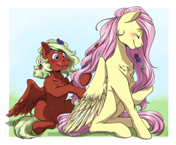 Size: 982x814 | Tagged: safe, artist:hazurasinner, character:fluttershy, oc, species:pegasus, species:pony, blushing, braiding, chest fluff, duo, flower, flower in hair, tongue out