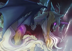 Size: 1063x752 | Tagged: safe, artist:hazurasinner, oc, oc only, oc:princess radiance, parent:discord, parent:princess celestia, parents:dislestia, species:chimera, abstract background, crying, female, glowing eyes, hybrid, interspecies offspring, monster, offspring, solo, transformation