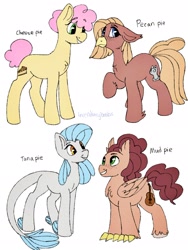 Size: 1536x2047 | Tagged: safe, artist:incendiaryboobs, character:li'l cheese, oc, oc:mud pie, oc:pecan pie, oc:tuna pie, parent:cheese sandwich, parent:pinkie pie, parent:princess skystar, parents:cheesepie, parents:skypie, species:hippogriff, species:pony, episode:the last problem, g4, my little pony: friendship is magic, female, hybrid, interspecies offspring, magical lesbian spawn, male, offspring, older, simple background, white background