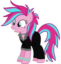 Size: 1460x1533 | Tagged: safe, artist:anime-equestria, character:pinkie pie, species:earth pony, species:pony, alternate hairstyle, bands, clothing, cyberpunk, female, glowing mane, happy, jacket, jewelry, mare, necklace, punk, shirt, simple background, smiling, solo, transparent background, vector