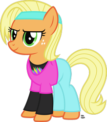 Size: 1059x1208 | Tagged: safe, artist:anime-equestria, character:applejack, species:earth pony, species:pony, 80s, alternate hairstyle, clothing, female, freckles, hairband, long sleeve shirt, loose hair, shirt, short hair, simple background, smiling, solo, transparent background, vector, workout outfit