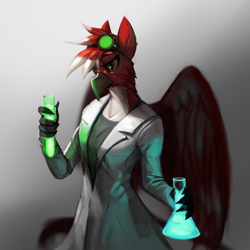 Size: 2000x2000 | Tagged: safe, artist:nsilverdraws, oc, oc only, oc:drdenson, species:anthro, species:griffon, beak, clothing, female, glow, goggles, lab coat, looking at you, potion, rule 63, science, scientist, simple background, solo, wings