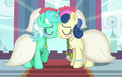 Size: 832x523 | Tagged: safe, artist:doraeartdreams-aspy, character:bon bon, character:lyra heartstrings, character:sweetie drops, species:pony, ship:lyrabon, episode:the last problem, g4, my little pony: friendship is magic, canon ship, clothing, crying, dress, female, lesbian, marriage, shipping, tears of joy, wedding, wedding dress
