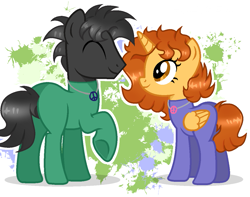 Size: 1131x893 | Tagged: safe, artist:doraeartdreams-aspy, base used, oc, oc:aspen, oc:nick volt, species:alicorn, species:earth pony, species:pony, alicorn oc, bodysuit, brother and sister, catsuit, eyes closed, female, hanging out, hippie, jewelry, latex, latex suit, male, necklace, peace suit, peace symbol, rubber suit, sibling love, siblings, smiling