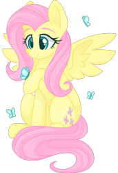 Size: 2048x3000 | Tagged: safe, artist:cinnamontee, character:fluttershy, species:pegasus, species:pony, butterfly, cute, female, holding, looking at something, mare, raised hoof, shyabetes, simple background, sitting, smiling, solo, spread wings, three quarter view, transparent background, wings