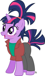Size: 1057x1790 | Tagged: safe, artist:anime-equestria, character:twilight sparkle, species:pony, species:unicorn, 80s, alternate hairstyle, blushing, clothing, cute, female, hairband, happy, jacket, mare, open mouth, shirt, simple background, solo, transparent background, twiabetes, vector