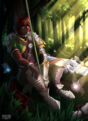Size: 3500x4800 | Tagged: safe, artist:sparklyon3, oc, oc only, species:anthro, species:earth pony, species:pony, absurd resolution, anthro oc, armor, clothing, cosplay, costume, fairy, forest, male, solo, spear, stallion, tree, weapon