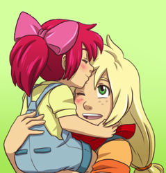 Size: 421x441 | Tagged: safe, artist:hazurasinner, edit, character:apple bloom, character:applejack, species:human, apple bloom's bow, apple sisters, blushing, bow, clothing, cropped, cute, female, forehead kiss, hair bow, humanized, kissing, one eye closed, siblings, sister, sisterly love, sisters, younger