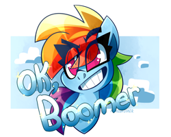 Size: 2120x1700 | Tagged: safe, alternate version, artist:nekosnicker, character:rainbow dash, species:pegasus, species:pony, abstract background, bust, cloud, cute, female, meme, ok boomer, solo