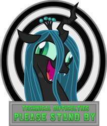 Size: 1387x1636 | Tagged: safe, artist:anime-equestria, derpibooru original, character:queen chrysalis, species:changeling, changeling queen, crazylis, derp, fangs, female, horn, laughing, message, open mouth, simple background, solo, technical difficulties, transparent background, vector