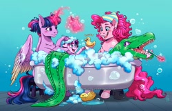 Size: 1114x718 | Tagged: safe, artist:hazurasinner, character:gummy, character:pinkie pie, character:twilight sparkle, character:twilight sparkle (alicorn), oc, oc:starchaser, parent:pinkie pie, parent:twilight sparkle, parents:twinkie, species:alicorn, species:pony, species:unicorn, ship:twinkie, alligator, blue background, cloven hooves, cute, family, female, filly, lesbian, magic, magic aura, magical lesbian spawn, offspring, older, older gummy, rubber duck, shipping, simple background, sponge, suds, telekinesis, toothbrush