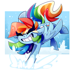 Size: 1753x1700 | Tagged: safe, artist:nekosnicker, character:rainbow dash, species:pegasus, species:pony, christmas, cute, female, fun, holiday, playing, snow, snowman, solo, winter