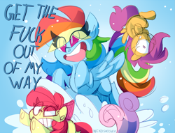 Size: 1895x1446 | Tagged: safe, artist:nekosnicker, character:apple bloom, character:rainbow dash, character:scootaloo, character:sweetie belle, species:earth pony, species:pegasus, species:pony, species:unicorn, christmas, cutie mark crusaders, funny, holiday, joke, rainbow douche, snow, vulgar, winter