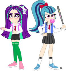 Size: 2131x2308 | Tagged: safe, artist:anime-equestria, character:aria blaze, character:sonata dusk, species:human, my little pony:equestria girls, angry, backpack, baseball bat, blushing, bow, brass knuckles, bubblegum, clenched fist, clothing, crossover, duo, eyeshadow, female, food, gum, hand on hip, human coloration, jacket, makeup, necktie, pigtails, pleated skirt, ponytail, river city girls, river city ransom, school uniform, shoes, shorts, simple background, skirt, sneakers, socks, transparent background, twintails, vector, weapon