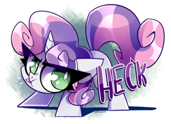 Size: 2121x1541 | Tagged: safe, artist:nekosnicker, character:sweetie belle, species:pony, species:unicorn, blep, cute, diasweetes, female, heck, no pupils, pfft, pouting, solo, text, tongue out, vulgar