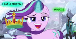 Size: 2500x1300 | Tagged: safe, artist:chrzanek97, artist:dashiesparkle edit, artist:squipycheetah, edit, edited screencap, screencap, character:queen chrysalis, character:starlight glimmer, episode:the ending of the end, g4, my little pony: friendship is magic, crown, jewelry, regalia