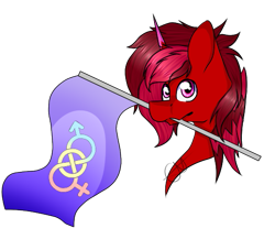 Size: 539x467 | Tagged: safe, artist:chazmazda, oc, oc only, species:pony, species:unicorn, bisexual, bust, commission, flag, mouth hold, shade, simple background, solo, symbol, transparent background, your character here