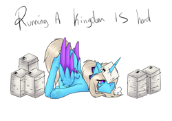 Size: 1100x768 | Tagged: safe, artist:chazmazda, oc, oc only, oc:charlie gallaxy-starr, species:alicorn, species:pony, face down ass up, horn, horn impalement, paper, solo, stack, tired, wings