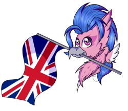 Size: 539x467 | Tagged: safe, artist:chazmazda, oc, oc only, species:classical hippogriff, species:hippogriff, bust, commission, flag, mouth hold, portrait, shade, solo, union jack, your character here