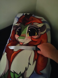 Size: 1440x1912 | Tagged: safe, artist:rileyisherehide, character:autumn blaze, species:human, species:kirin, bed, blep, body pillow, implied abuse, irl, irl human, knife, photo, threat, threatening, tongue out