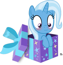 Size: 1559x1602 | Tagged: safe, artist:anime-equestria, character:trixie, species:pony, species:unicorn, :3, blushing, bow, box, cute, dawwww, diatrixes, female, happy, mare, pony in a box, present, simple background, smiling, solo, transparent background, vector