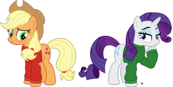 Size: 4502x2267 | Tagged: safe, artist:anime-equestria, character:applejack, character:rarity, species:earth pony, species:pony, species:unicorn, ship:rarijack, applejack's hat, blushing, christmas, clothing, cowboy hat, cute, duo, eyeshadow, female, hairband, hat, holiday, horn, jumper, lesbian, long sleeves, makeup, mare, shipping, simple background, smiling, sweater, transparent background, vector, winter